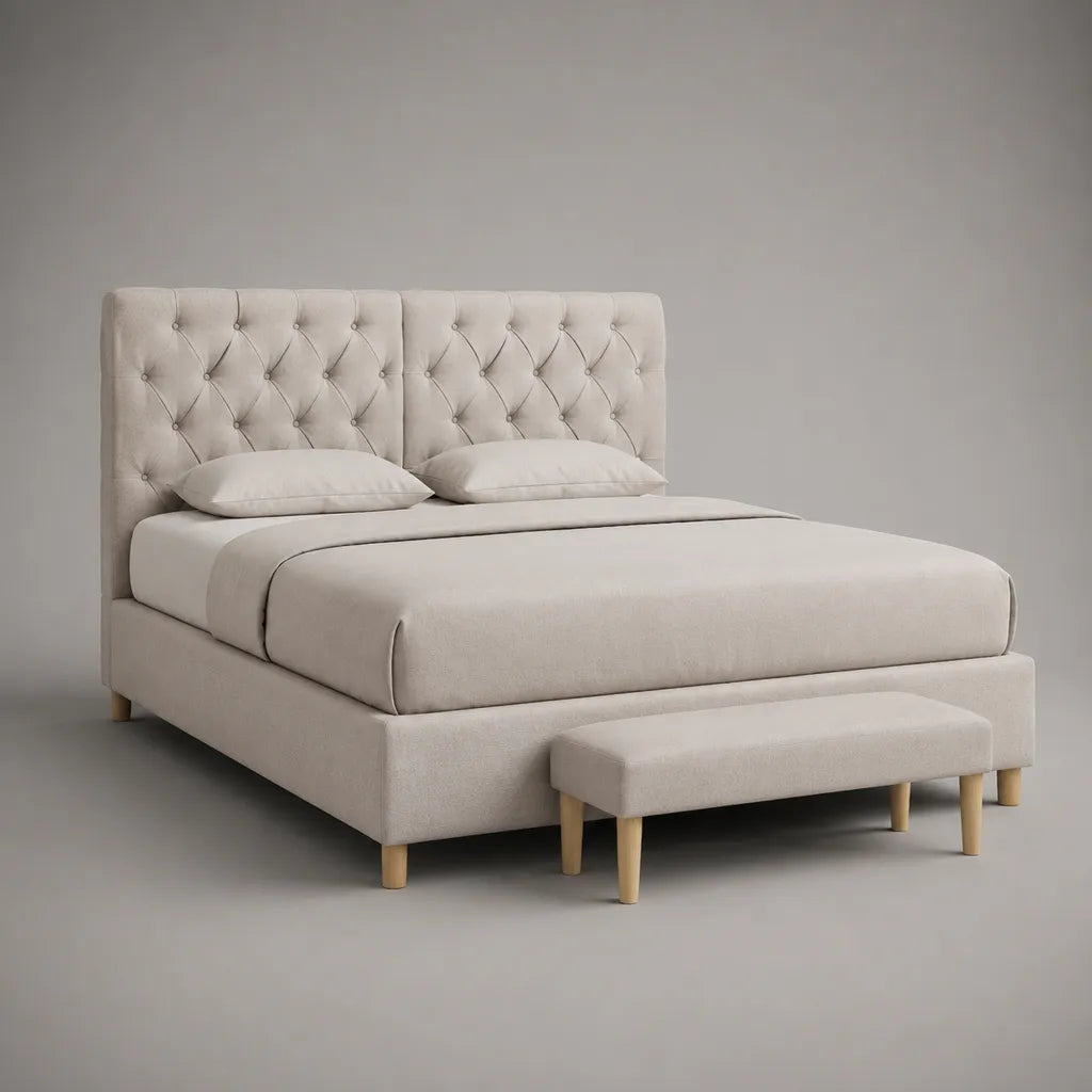 Lit double en tissu beige 160 x 200 cm avec sommier à lattes et tête de lit capitonnée, 174 x 215 x 120 cm