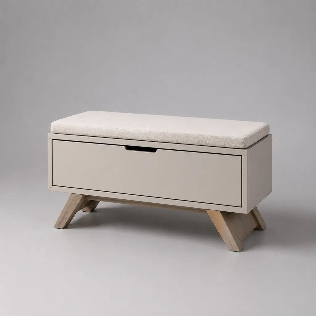 Meuble à chaussures en bois avec banc rembourré et abattant, beige grisé, blanc cassé et chêne clair, 80 × 35 × 52 cm