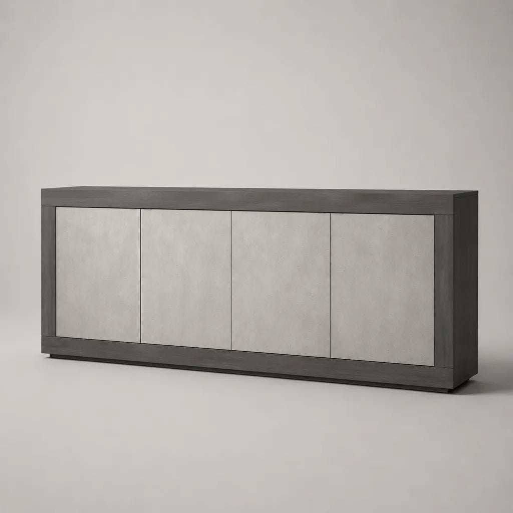 Buffet rectangulaire 4 portes en MDF et panneaux de particules, gris anthracite et gris clair, 180 × 40 × 80 cm