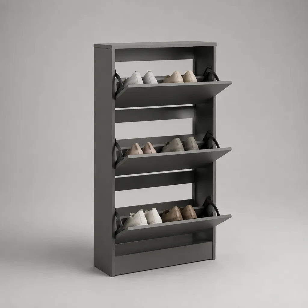 Meuble à chaussures étroit à 3 abattants en panneaux de particules gris anthracite, 80 × 24 × 125 cm
