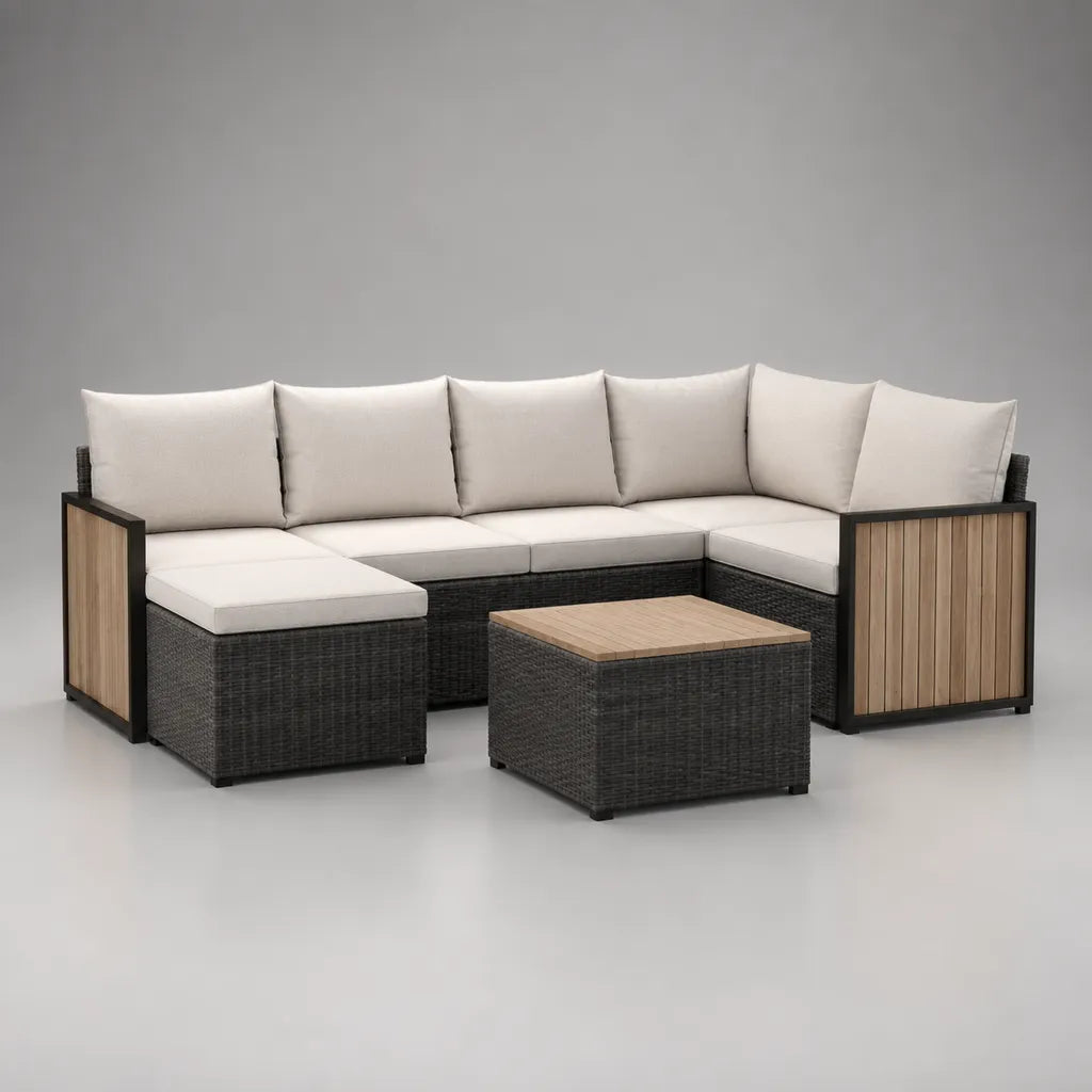 Salon de jardin d’angle 6 places avec table, ensemble 7 pièces en résine tressée PE, acier et bois, anthracite, beige et brun naturel, 263 × 193 × 75 cm