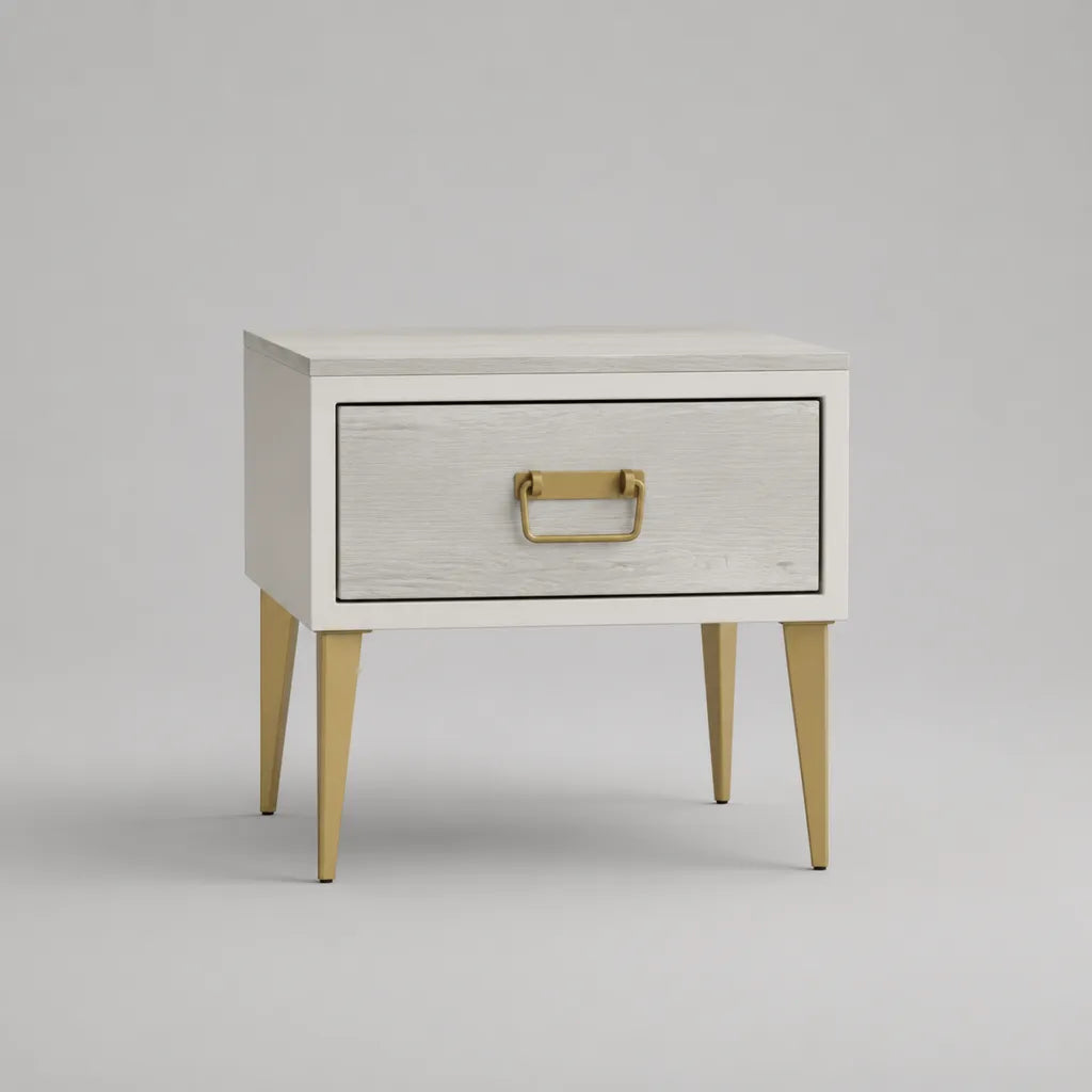 Table de chevet rectangulaire avec 1 tiroir en MDF plaqué frêne blanc et acier doré, 50 × 40 × 55 cm