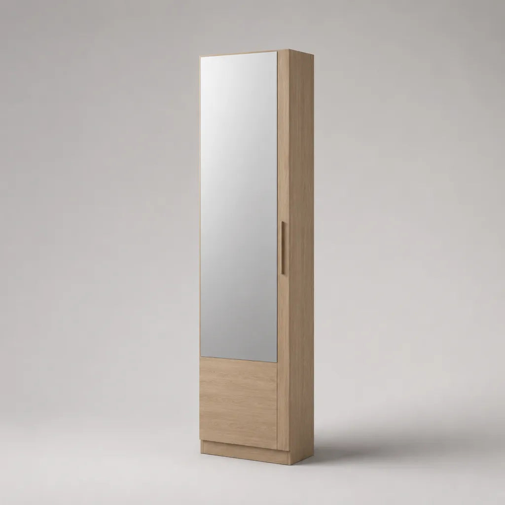 Meuble à chaussures avec miroir, 1 porte en bois et verre, chêne clair, 50 × 35 × 190 cm