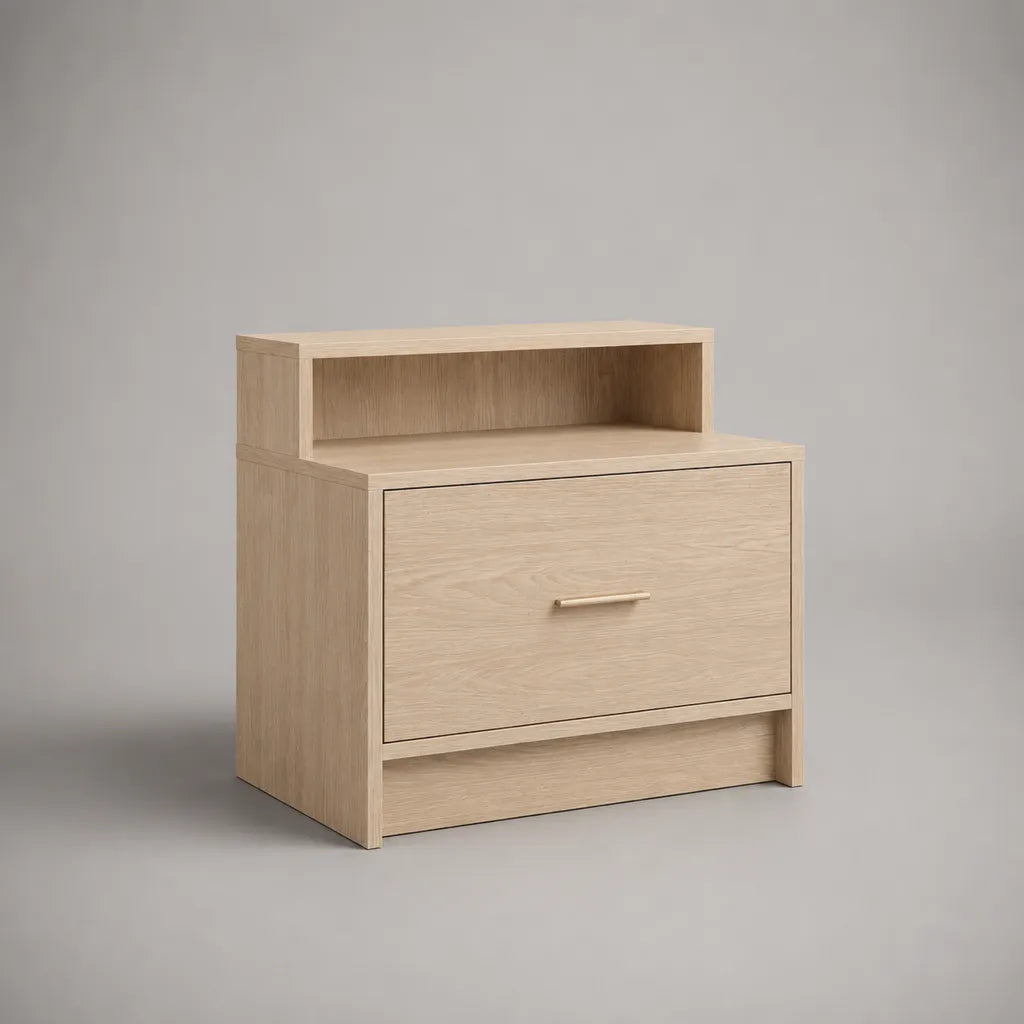 Table de chevet en bois avec tiroir et niche, chêne clair et beige, 50 × 40 × 60 cm