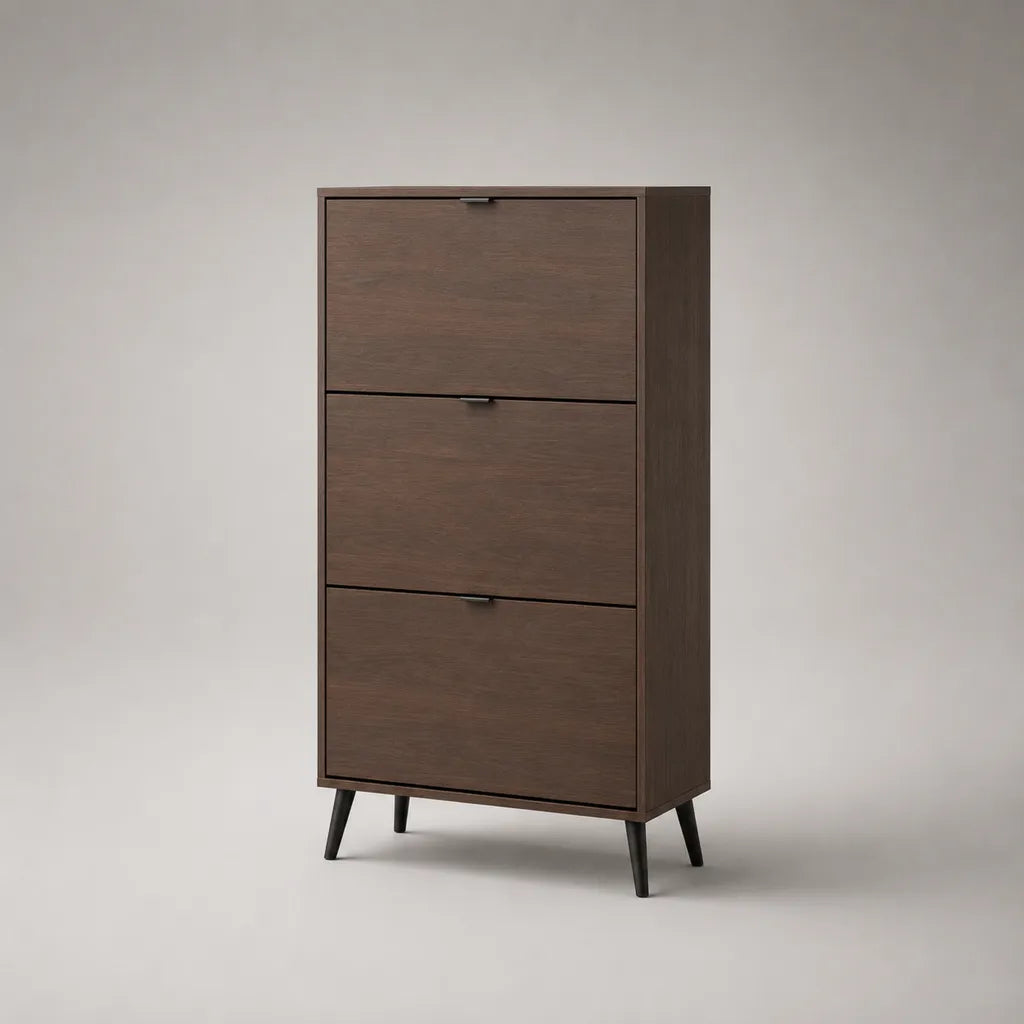 Meuble à chaussures à 3 abattants en panneaux de particules mélaminés et acier, brun noyer et noir, 60 × 24 × 120 cm