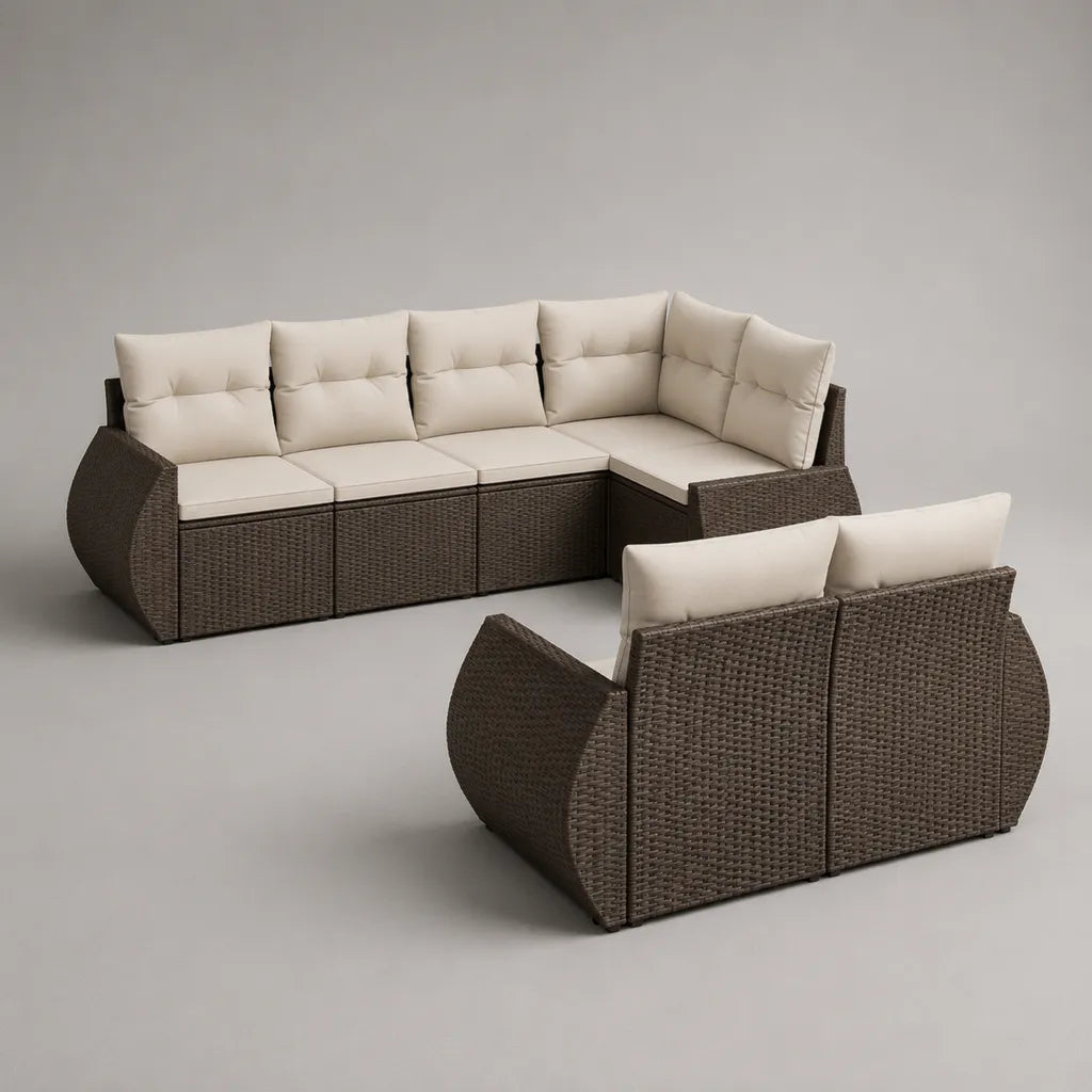 Canapé de jardin modulable 6 places en résine tressée PE et acier, brun et écru, 268 × 210 × 76 cm