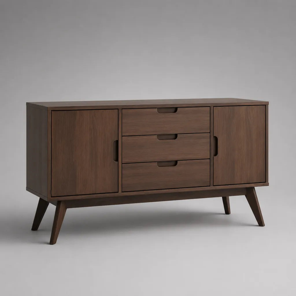 Buffet bas rectangulaire en MDF plaqué noyer brun, 2 portes et 3 tiroirs, 140 × 40 × 80 cm