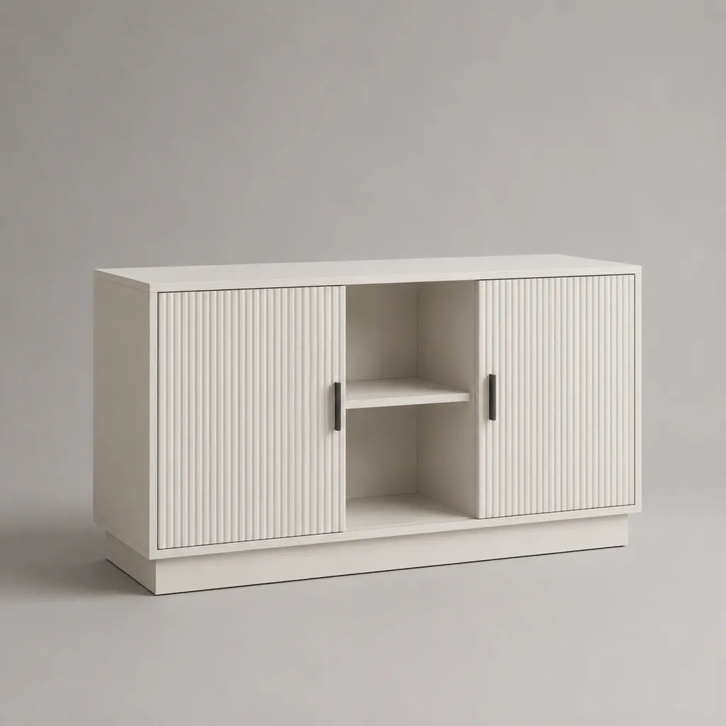 Buffet bas 2 portes en MDF rainuré et panneaux de particules, blanc et noir, 120 × 40 × 75 cm