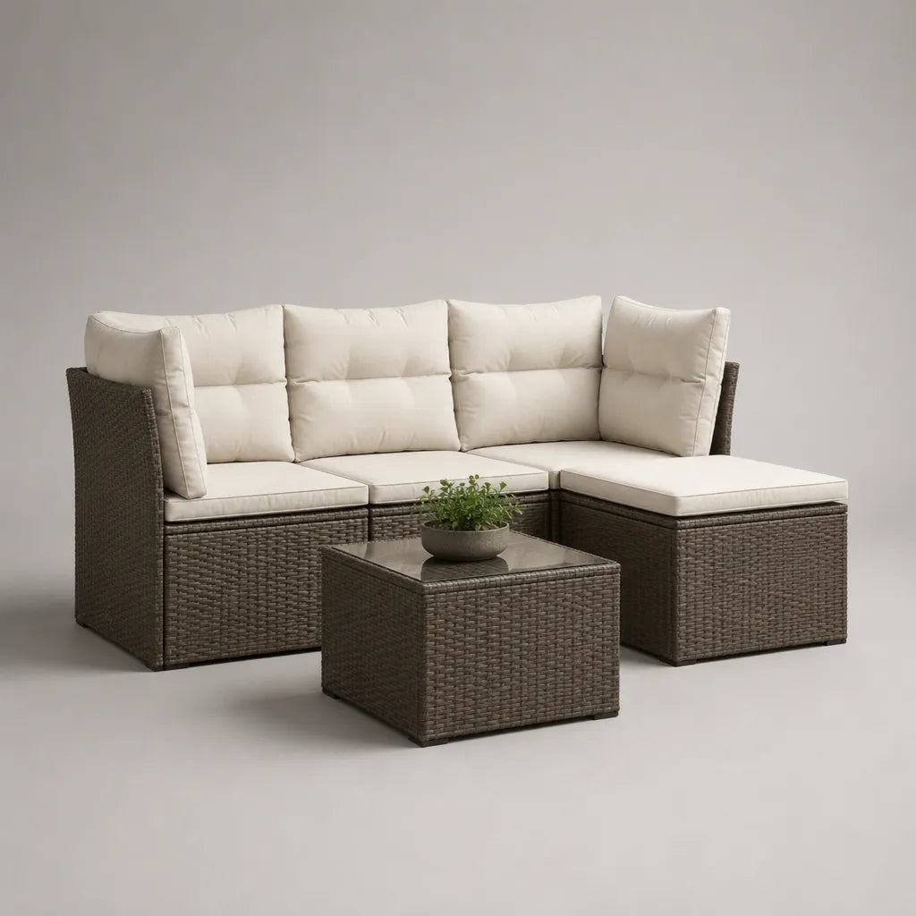 Salon de jardin 3 places en résine tressée avec canapé d’angle, repose-pieds et table basse, 195 × 130 × 72 cm, marron et beige