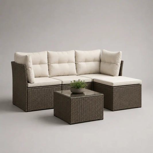 Salon de jardin 3 places en résine tressée avec canapé d’angle, repose-pieds et table basse, 195 × 130 × 72 cm, marron et beige