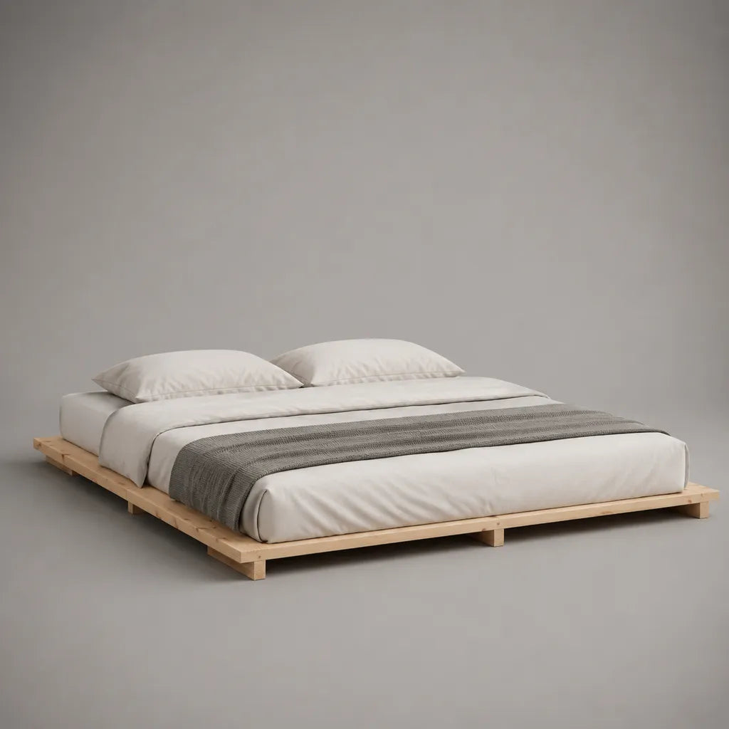 Lit plateforme bas en pin massif naturel pour matelas 160 x 200 cm, dimensions 220 x 180 x 18 cm