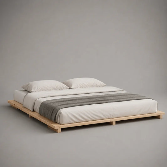 Lit plateforme bas en pin massif naturel pour matelas 160 x 200 cm, dimensions 220 x 180 x 18 cm