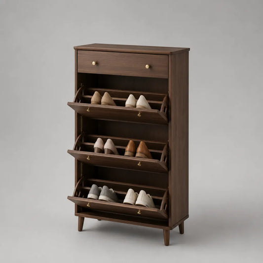 Meuble à chaussures 3 abattants avec tiroir en MDF plaqué noyer brun, 80 × 30 × 130 cm