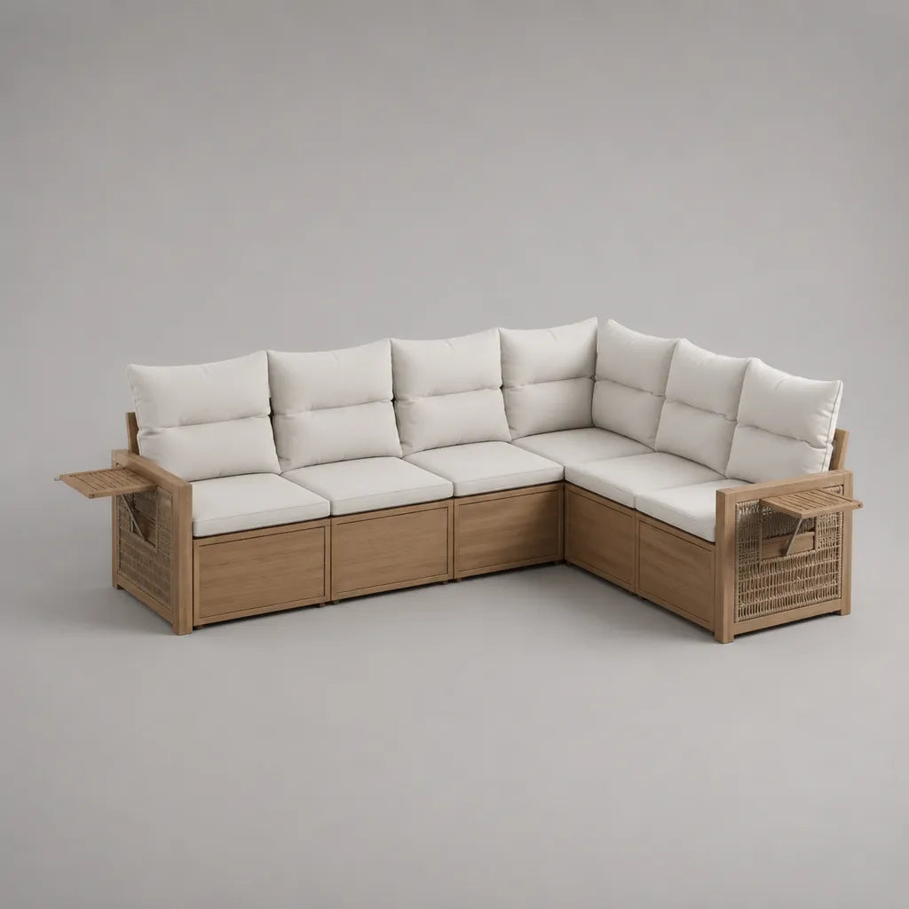Canapé d’angle de jardin 5 places en 5 modules, bois massif, corde plastique et coussins, bois naturel, blanc cassé et beige, 245 × 175 × 83 cm