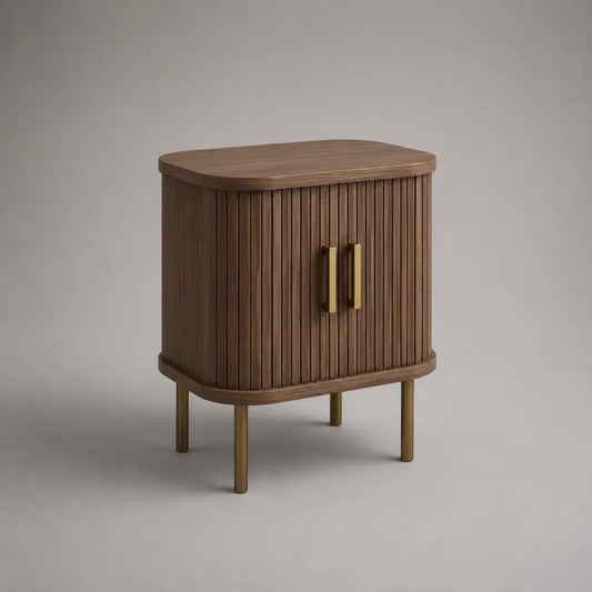 Table de chevet à 2 portes en MDF plaqué noyer brun avec pieds en acier doré, 50 × 35 × 65 cm