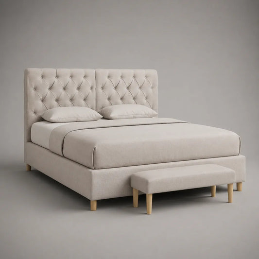 Lit double en tissu beige 160 x 200 cm avec sommier à lattes et tête de lit capitonnée, 174 x 215 x 120 cm