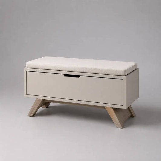 Meuble à chaussures en bois avec banc rembourré et abattant, beige grisé, blanc cassé et chêne clair, 80 × 35 × 52 cm