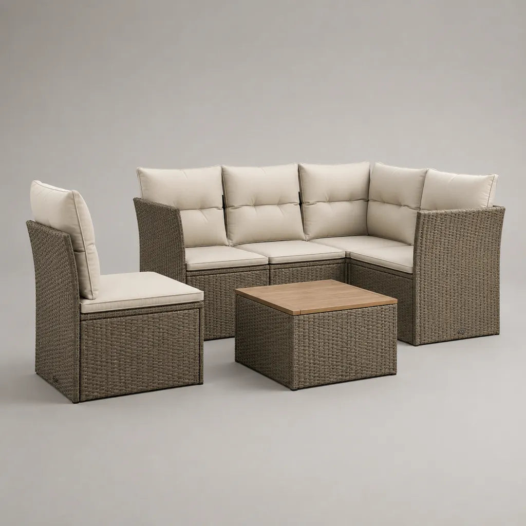 Salon de jardin 5 pièces 4 places en résine tressée taupe avec canapé d’angle, fauteuil, table et coussins écrus, 195 × 135 × 74 cm
