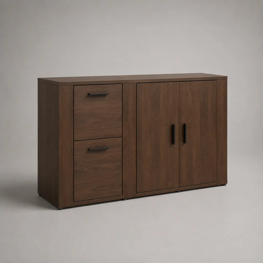 Buffet de rangement en panneaux de particules mélaminés, 2 portes et 2 tiroirs, brun noyer et noir, 120 × 40 × 80 cm