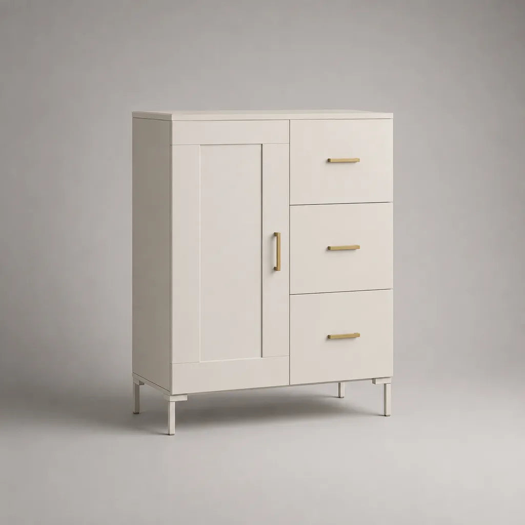 Buffet haut en bois blanc avec 1 porte et 3 tiroirs, poignées dorées, 90 × 40 × 120 cm