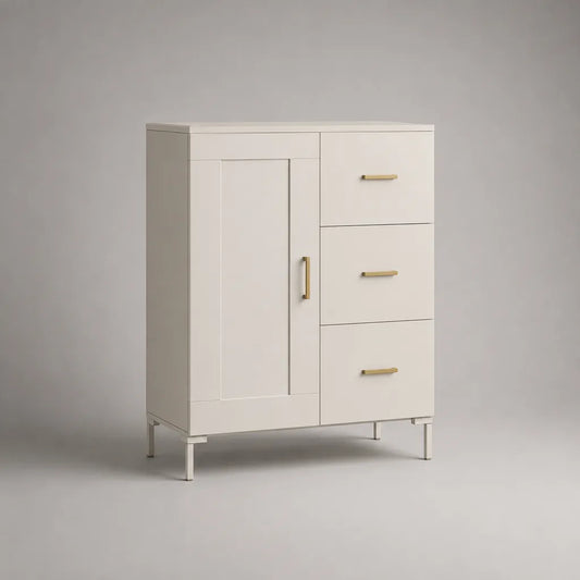 Buffet haut en bois blanc avec 1 porte et 3 tiroirs, poignées dorées, 90 × 40 × 120 cm