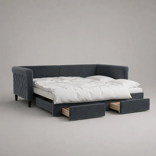 Lit banquette 2 places en velours polyester gris anthracite avec 2 tiroirs, 218 × 172 × 88 cm, couchage 160 × 200 cm