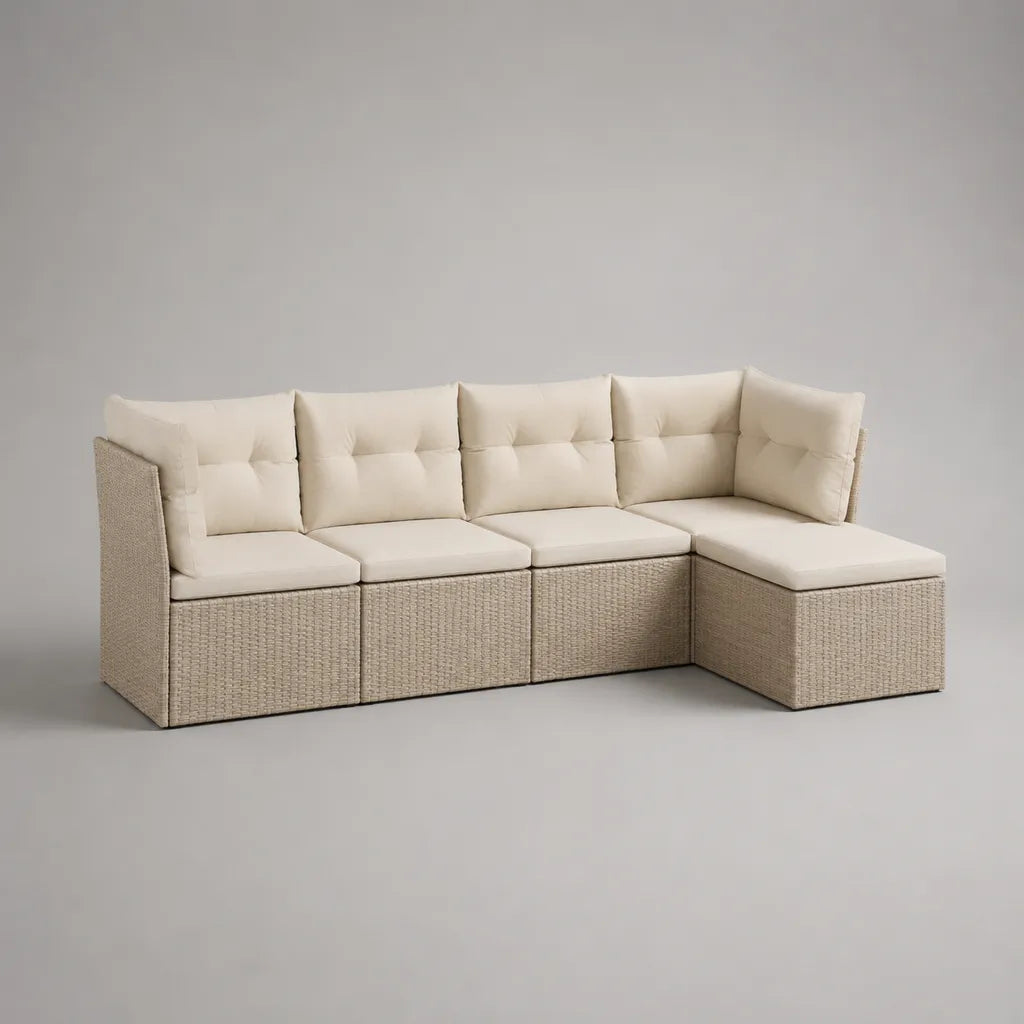Canapé de jardin d’angle modulable 4 places, ensemble 5 pièces en résine tressée beige avec coussins crème, 228 × 145 × 72 cm