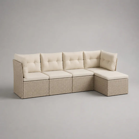 Canapé de jardin d’angle modulable 4 places, ensemble 5 pièces en résine tressée beige avec coussins crème, 228 × 145 × 72 cm