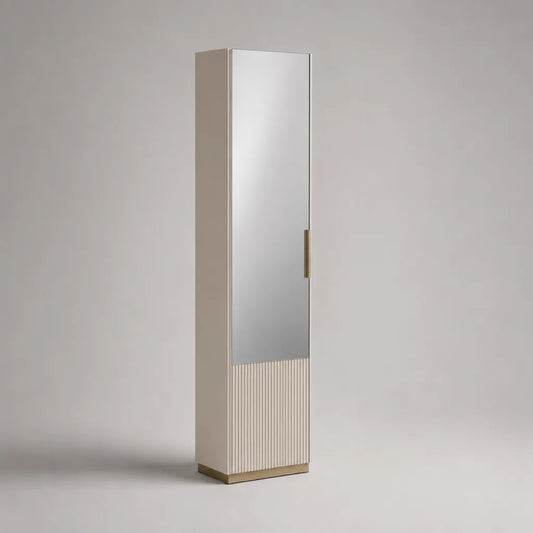 Meuble à chaussures colonne avec porte miroir, panneaux de particules beige et aluminium doré, 40 × 35 × 180 cm