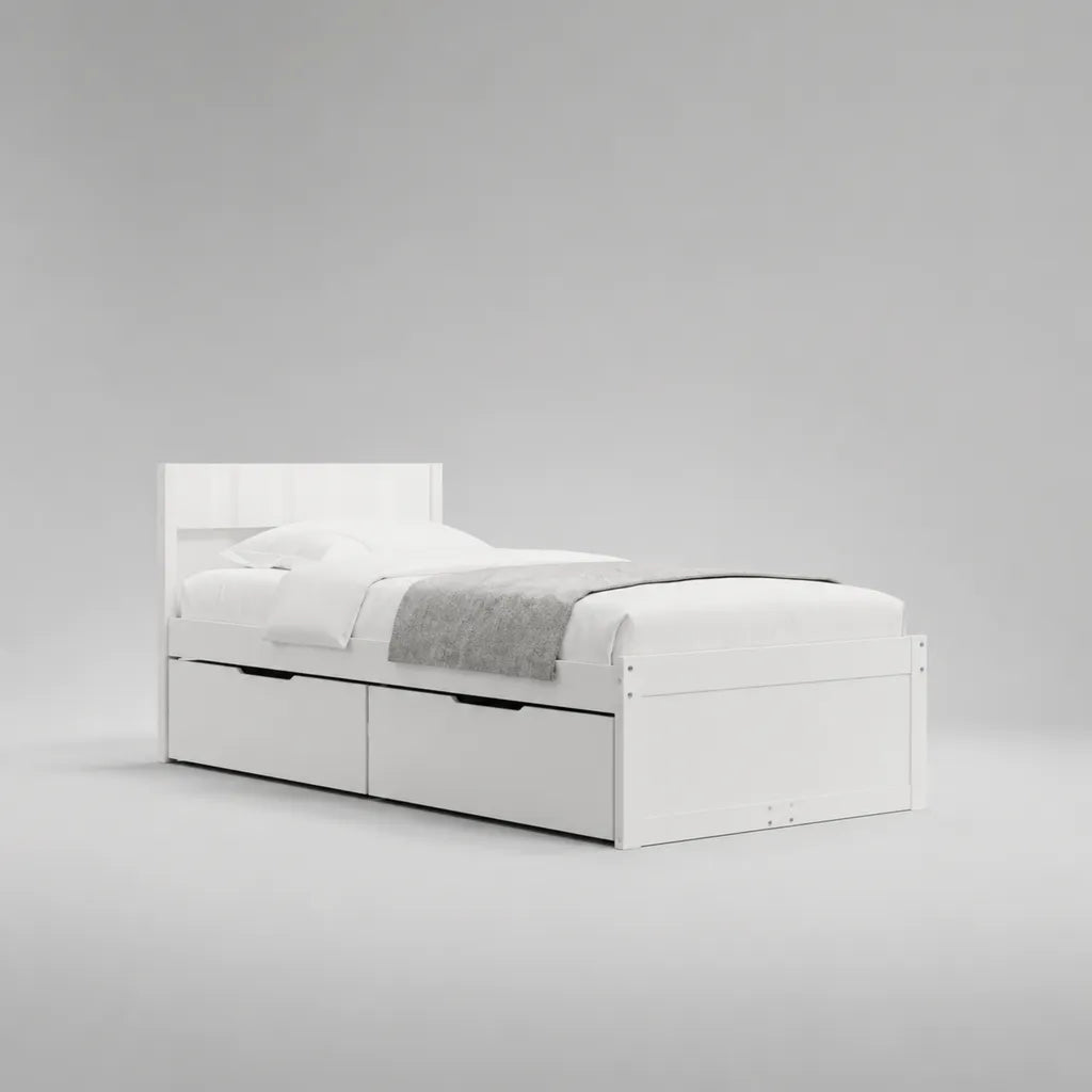 Lit simple rectangulaire en panneaux de particules blanc et noir, 196 × 96 × 90 cm, couchage 90 × 190 cm, avec 2 tiroirs