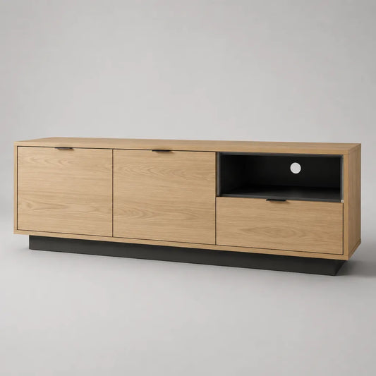 Meuble TV bas en bois et métal, chêne naturel et noir, 180 × 40 × 70 cm