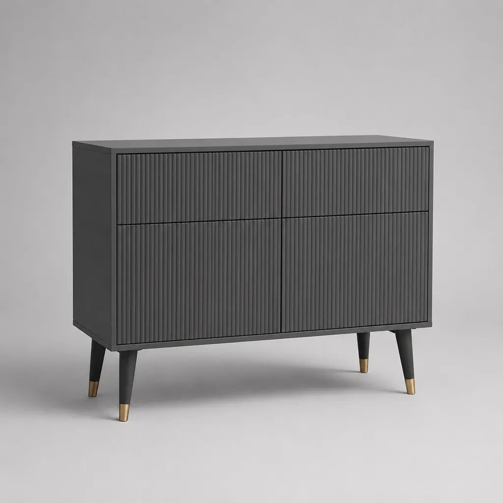 Buffet bas rectangulaire en MDF rainuré à 4 portes, gris anthracite et doré, 100 × 40 × 80 cm
