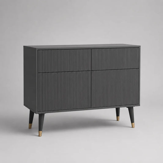 Buffet bas rectangulaire en MDF rainuré à 4 portes, gris anthracite et doré, 100 × 40 × 80 cm