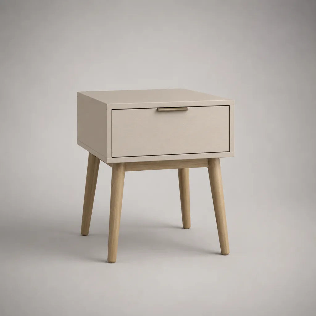 Table de chevet rectangulaire en MDF et bois avec 1 tiroir, beige et bois naturel, 45 × 35 × 58 cm