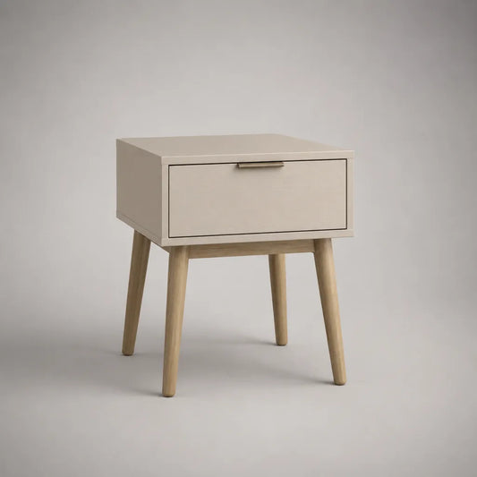 Table de chevet rectangulaire en MDF et bois avec 1 tiroir, beige et bois naturel, 45 × 35 × 58 cm