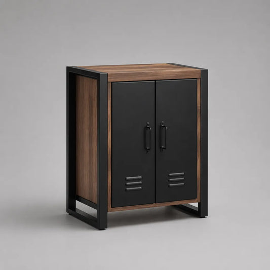 Buffet bas rectangulaire à 2 portes en acier et MDF, noir mat et noyer brun, 80 × 40 × 95 cm