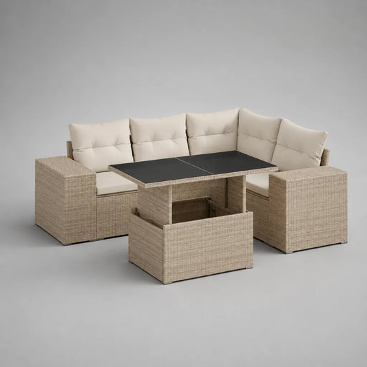 Salon de jardin extérieur 7 places en résine tressée beige avec canapé d’angle, table rectangulaire 120 × 70 × 66 cm et 2 tabourets