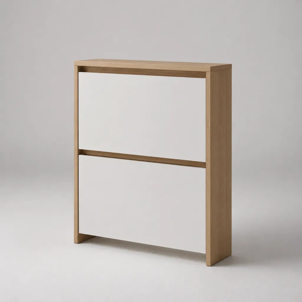 Meuble à chaussures à 2 abattants en MDF mélaminé blanc et chêne clair, 80 × 25 × 100 cm