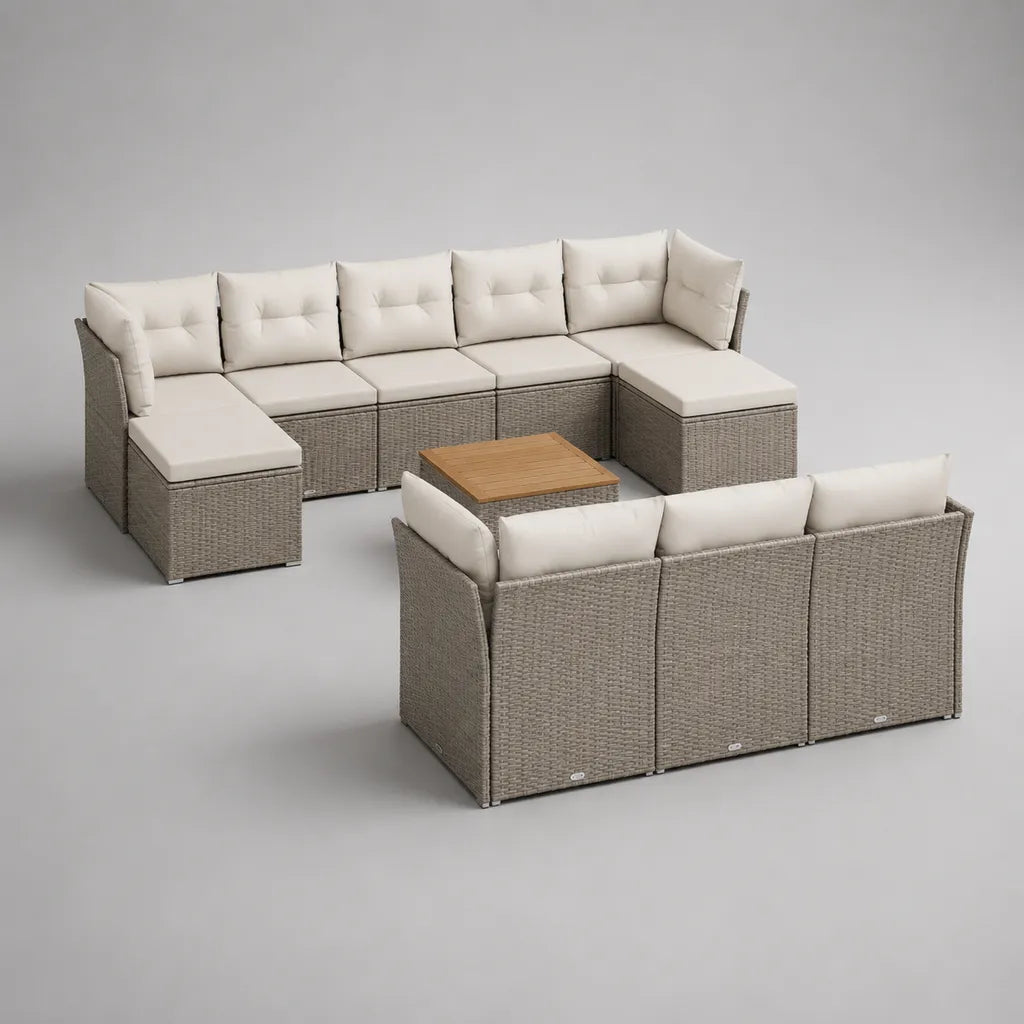 Salon de jardin modulable 11 pièces 10 places en résine tressée grise avec coussins écrus et table, 325 × 260 × 74 cm