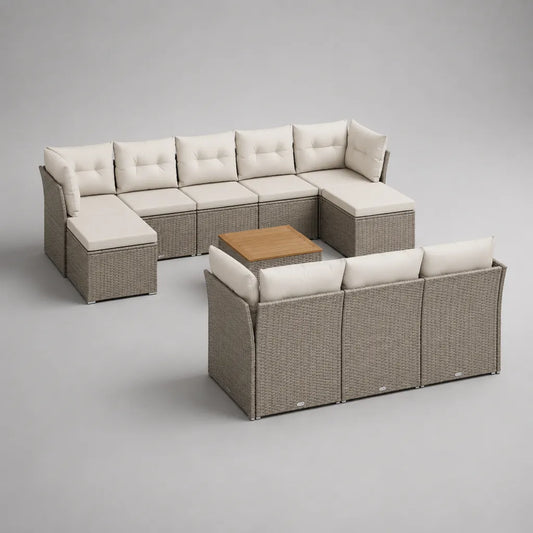 Salon de jardin modulable 11 pièces 10 places en résine tressée grise avec coussins écrus et table, 325 × 260 × 74 cm
