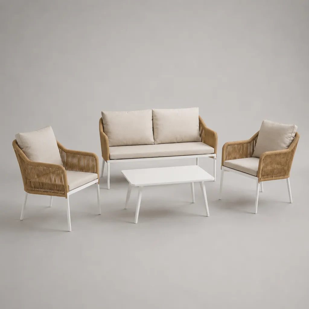 Salon de jardin extérieur 4 pièces en résine tressée beige et acier blanc – canapé 112 × 65 × 75 cm, 2 fauteuils 59 × 65 × 75 cm et table 85 × 50 × 40 cm
