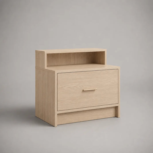 Table de chevet en bois avec tiroir et niche, chêne clair et beige, 50 × 40 × 60 cm