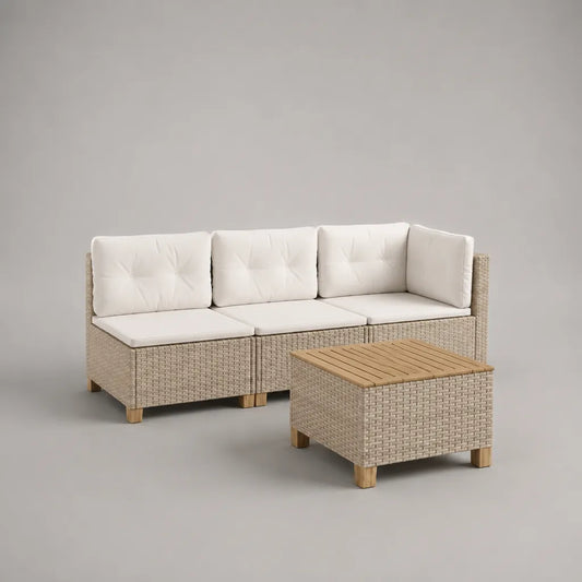 Ensemble de jardin 4 pièces avec canapé 3 places et table basse, résine tressée beige, acacia massif et coussins crème, canapé 195 × 70 × 72 cm, table 65 × 65 × 38 cm