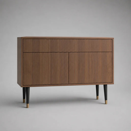 Buffet de rangement en MDF plaqué noyer, 2 portes et 1 tiroir, brun noyer, noir et laiton, 120 × 40 × 80 cm