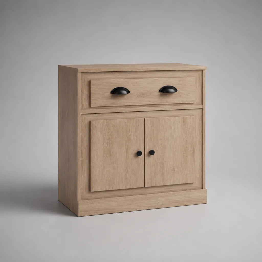 Buffet bas de rangement en bois, 2 portes et 1 tiroir, chêne clair et noir, 80 × 40 × 85 cm