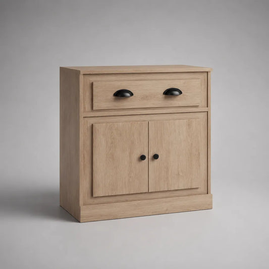 Buffet bas de rangement en bois, 2 portes et 1 tiroir, chêne clair et noir, 80 × 40 × 85 cm
