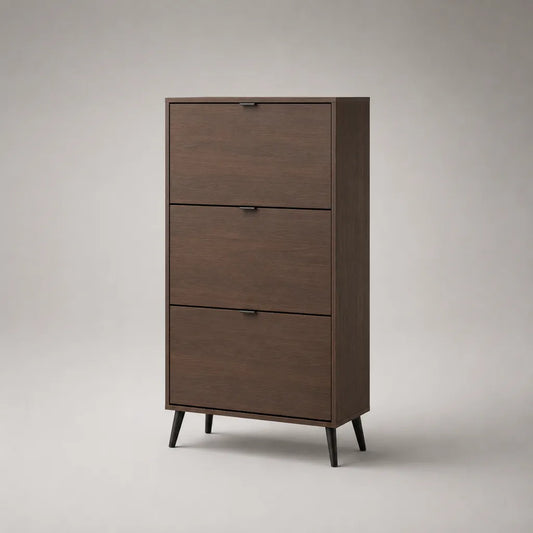 Meuble à chaussures à 3 abattants en panneaux de particules mélaminés et acier, brun noyer et noir, 60 × 24 × 120 cm