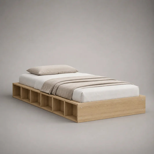 Lit plateforme 1 place en panneaux de particules avec 6 rangements latéraux, chêne naturel, couchage 90 × 190 cm, dimensions 198 × 99 × 40 cm