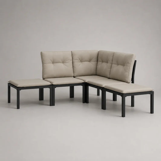 Canapé de jardin d’angle 5 places, ensemble modulable 4 pièces en acier et tissu, taupe et noir, 204 × 204 × 78 cm