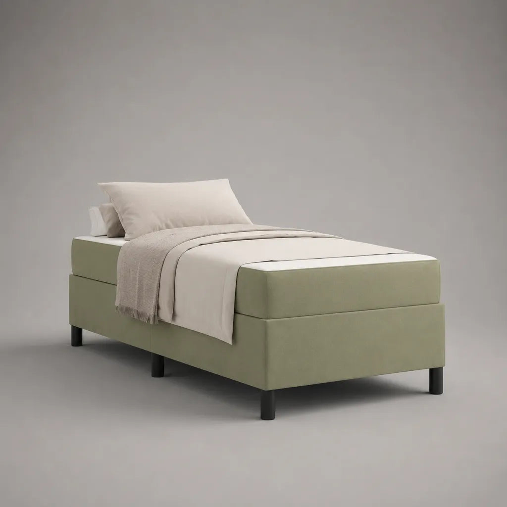 Lit continental 1 place en bois et tissu avec matelas en mousse, vert sauge, 95 × 205 × 62 cm, couchage 90 × 200 cm